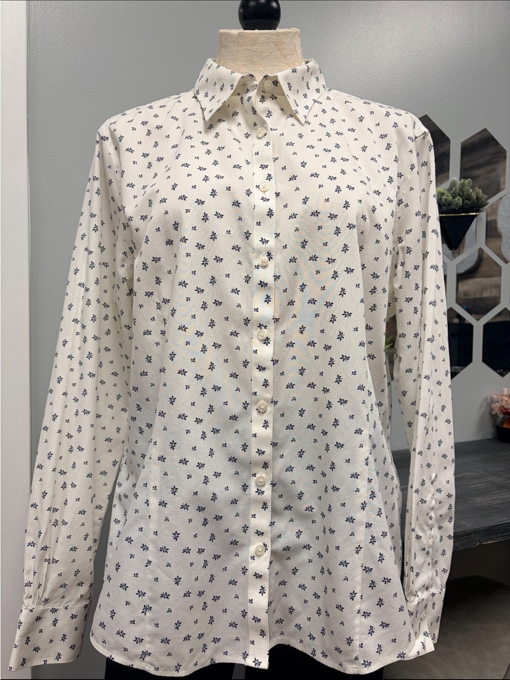 Brooks Brothers Cream Button-Down Shirt with Small Navy Floral Print